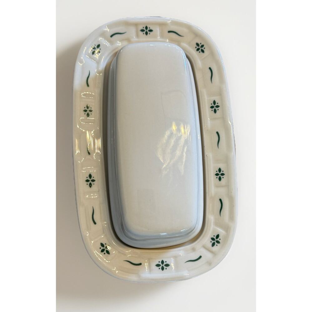 Longaberger Pottery Woven Traditions Heritage Green Stick Butter Dish-lid 8”